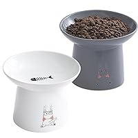 TAMAYKIM 6.5 Inch Extra Wide Raised Ceramic Cat Bowls, Food & Water Bowls for Elder Big Cats and Small Dogs, Elevated Sturdy Base Pet Feeder Dish, Stress Free, Protect Cat's Spine, White & Grey