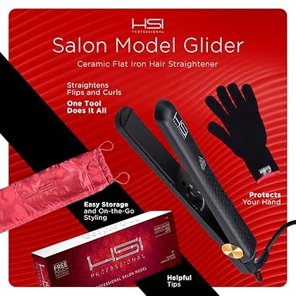 HSI Professional Glider Ceramic Flat Iron Hair Straightener - Pro Hairstyling Tool Plus Hair Treatment Pouch & Glove - Adjustable Temperature Even Heat Distribution for Straightening and Curling Hair