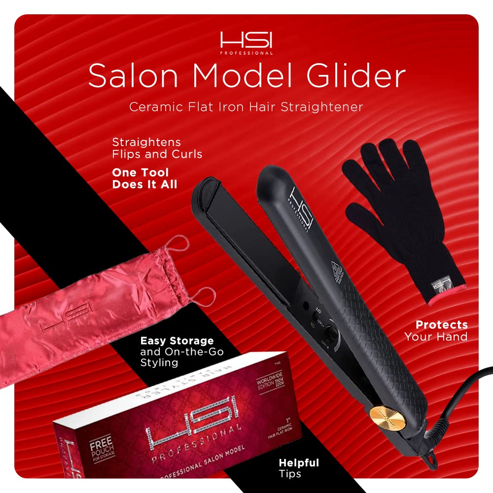 HSI Professional Glider Ceramic Flat Iron Hair Straightener - Pro Hairstyling Tool Plus Hair Treatment Pouch & Glove - Adjustable Temperature Even Heat Distribution for Straightening and Curling Hair