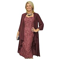 Mother of The Bride Dresses with Jacket Lace Tea Length Formal Evening Gowns 2 Piece Burgundy