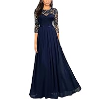 Women's Plus Size Round Neck 3/4 Sleeve Lace Evening Gown Long Wedding Guest Bridesmaid Party Dress
