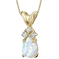 PEORA 14K Yellow Gold Created White Opal and Genuine Diamonds Pendant, Dainty Teardrop Solitaire, Pear Shape, 7x5mm