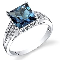 PEORA 14K White Gold London Blue Topaz and Diamond Ring for Women, 3 Carats Princess Cut 8mm, Elegant Cathedral Design, Natural Gemstone Birthstone, Size 7