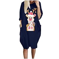 Christmas Dresses for Women Women Fashion Casual Stitching Christmas Antlers Print Long-Sleeved Loose Pockets