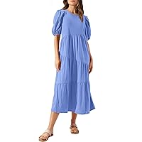 O-048 Royal Blue Loose Fit Dresses for Ladies Summer Fall Short Puff Sleeve Boat Neck Maxi Long Beach Lounge Hawaiian Ruched Tropical Plain Dresses Womens 2024 Clothing Trendy GB L
