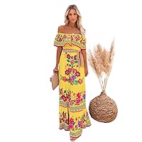 RanRui Stylish Floral Print Maxi Dress Women's of-Shoulder Rufed Smocked Summer Beach Vacation Dress Flowy Casual Wear