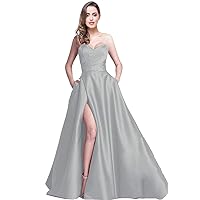 Women's Sweetheart Strapless Evening Dresses Satin High Slit with Pocket Long Prom Dress J212