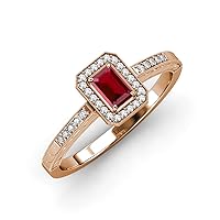 Emerald Cut Ruby & Round Diamond 0.93 ctw Women Leaf Engraved Halo Engagement Ring 14K Gold