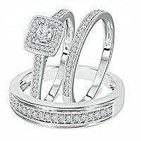 Round Cut Cubic Zirconia Trio Ring Set Wedding Ring Set For Womens & Girls 14k White Gold Plated 925 Sterling Silver.