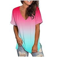 Oversized Tshirts for Women Gradient Color Fashion Casual Cool Loose with Short Sleeve V Neck Blouses