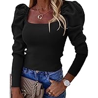 Imily Bela Womens Square Neck Puff Long Sleeve Ribbed Knit Slim Fit Sexy Pullover Sweaters Top