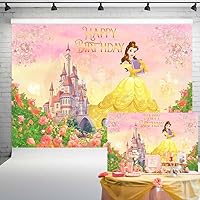 Princess Belle Backdrop for Birthday Party Watercolor Roses Flower Castle Pink Yellow Background Beauty and Beast Theme Banner for Cake Table (7x5 ft) 107