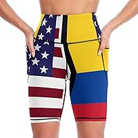 American and Colombian Flag Women's Biker Shorts with Pockets High Waisted Yoga Workout Shorts
