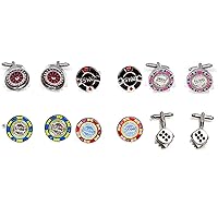 Casino Chips Poker Roulette Wheel Blackjack Dice Craps 6 Pairs Cufflinks in a Presentation Gift Box, Collar Tabs & Polishing Cloth