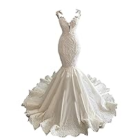 Beach Sequins Bridal Ball Gowns Train Satin Lace Backless Mermaid Wedding Dresses for Bride Plus Size