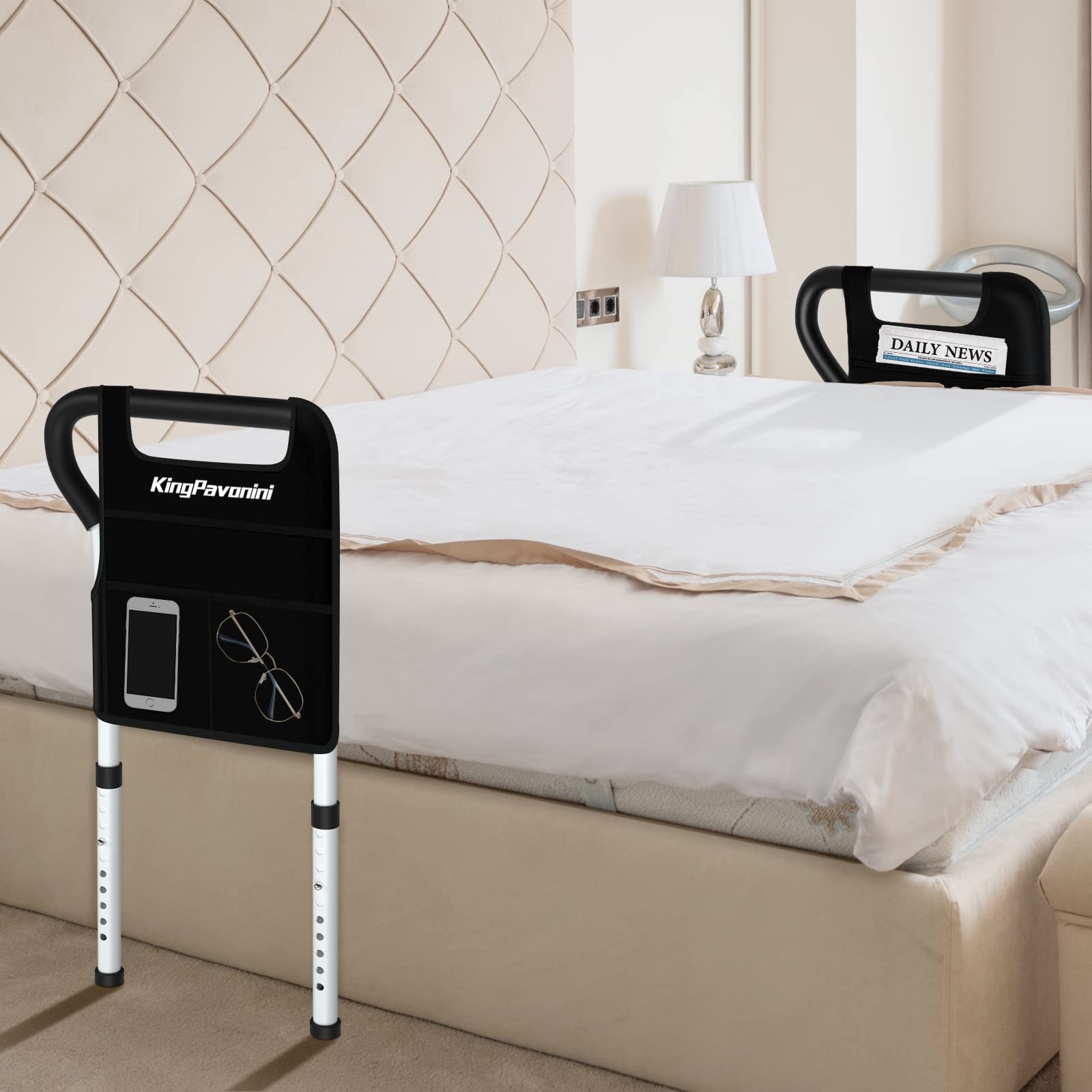 KingPavonini Bed Side Assist Handle Bar Safety Rail Bed Rails for Elderly Adults - Bed Cane - Mobility Assistant Bar with Free Storage Bag and Fixing Strap, Fit Beds