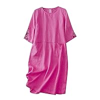 Embroidery Floral Shirt Dress Women Cotton Linen Vintage Half Sleeve Crewneck Keyhole Back Tunic Dress with Pockets