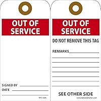 NMC RPT176AG Out of Service Tag - [Pack of 25] 3 in. x 6 in. 2 Sided Vinyl Inspection Tag with Grommet, White/Red Text on Red/White Base