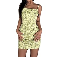 Women Floral Mini Dress Spaghetti Strap Sleeveless Bodycon A-Line Dress Short Cami Dress Party Clubwear