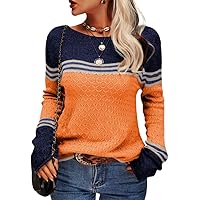 Danedvi Women Autumn Winter Colorblock Pullover Sweaters Round Neck Striped Slim Fitting Knitwear Tops