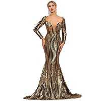 Women's Sequin Dress Deep V Neck Backless Long Sleeve Length Maxi Dress for Cocktail Evening Party Evening Gown (Color : Gold, Size : Medium)
