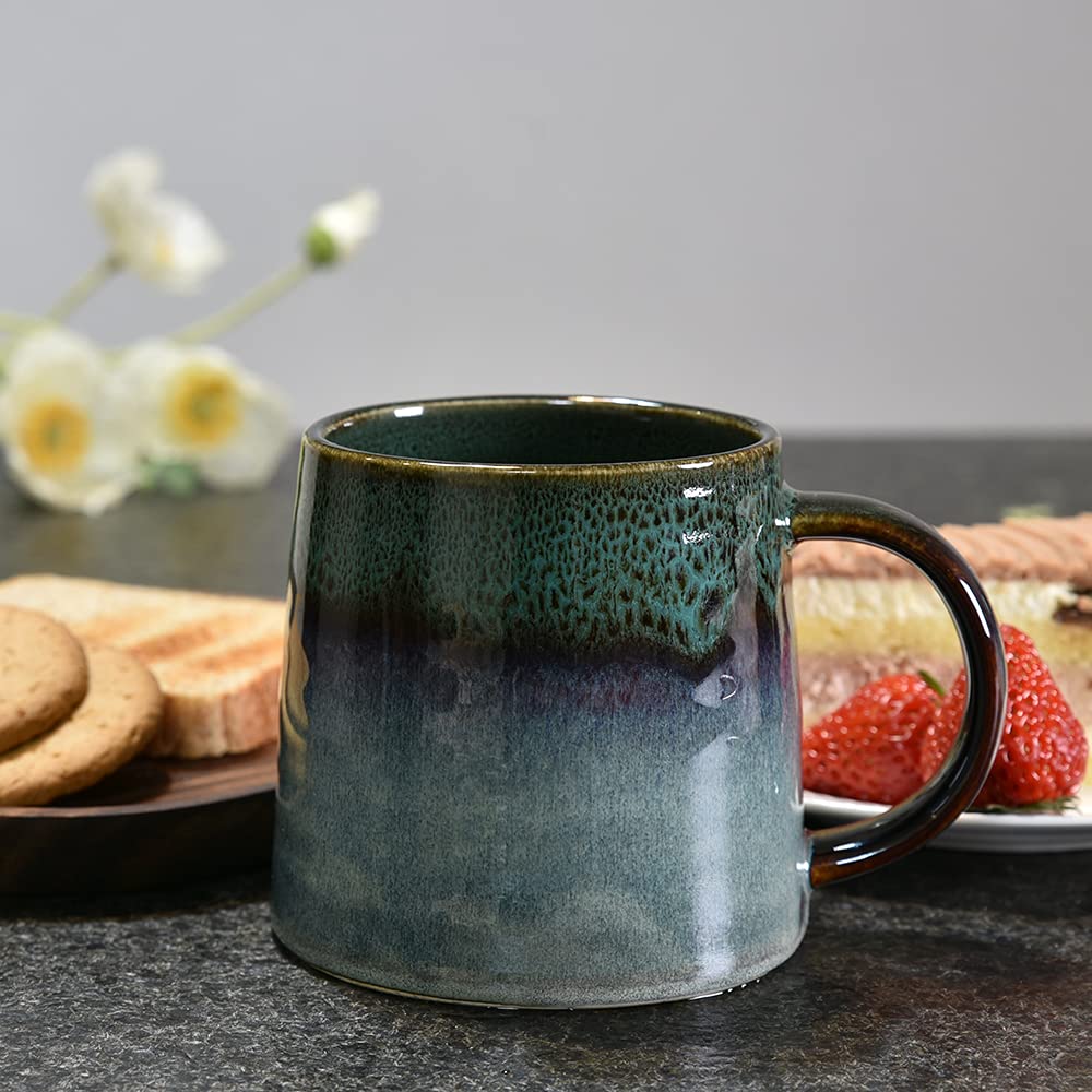 wewlink Large Ceramic Coffee Mug, Pottery Mug,Tea Cup for Office and Home,Handmade Pottery Coffee Mugs,16.5 Oz,Dishwasher and Microwave Safe,kiln altered glaze craft (Dark Green)