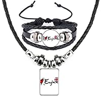 I Love England World Flag Heart Leather Necklace Bracelet Jewelry Set