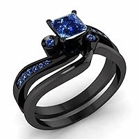 1.00 CT Princess Cut Prong Set Blue Sapphire Engagement Wedding Band Bridal Ring Set Sizable 14K Black Gold Over Sterling Silver