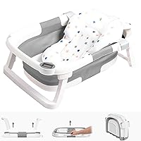 Collapsible Baby Bathtub,Baby Bath Tub with Soft Cushion & Thermometer,Baby Bathtub Newborn to Toddler 0-36 Months,Portable Travel Baby Tub,Gray