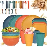 48-Piece Kitchen Plastic Wheat Straw Dinnerware Set, Dinner Plates, Dessert Plate, Cereal Bowls, Unbreakable Reusable Plastic Outdoor Camping Dishes Kitchen Plates Cups and Bowls set