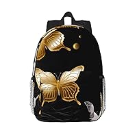 Gold White Butterflies Black Print Backpack for Women Men Lightweight Laptop Bag Casual Daypack Laptop Backpacks 15 Inch