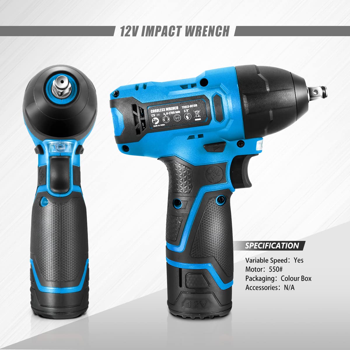 DNA MOTORING TOOLS-00159 Cordless Impact Wrench, 3/8” Chuck Max Torque 120Nm 12V Electric Power Impact Wrench with LED Work Light,Blue (Tool Only)