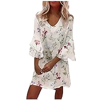 Plus Size Women 3/4 Tiered Bell Sleeve Ethnic Tunic Dress Summer V Neck Fashion Casual Loose Fit T-Shirt Dresses