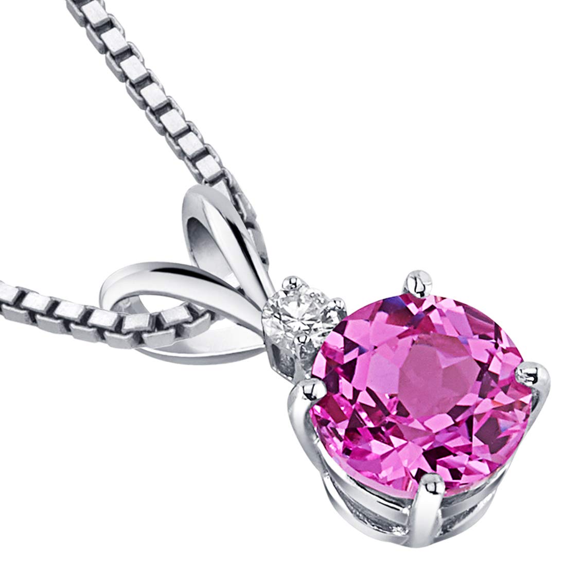 PEORA Created Pink Sapphire with Genuine Diamond Pendant in 14K White Gold, Elegant Solitaire, Round Shape, 6.50mm, 1.4 Carats total