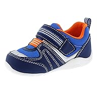 TSUKIHOSHI 1002 Neko Strap-Closure Machine Washable Baby Sneaker Shoe with Wide Toe Box and Slip-Resistant, Non-Marking Outsole - Navy/Tangerine, 4.5 Toddler (1-4 Years)