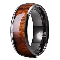 THREE KEYS JEWELRY 4mm 6mm 8mm Black Tungsten Wedding Ring Domed with Real Koa Wood Inlay