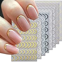 8Sheets French Line Nail Stickers - Gold Silver for Nails Sticker Kit - 3D Metallic Curve Stripe Wave Lines Nail Decals Self-Adhesive Nail Art Supplies French Nail Design for Women Manicure Decoration
