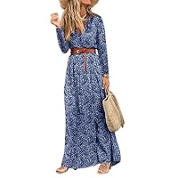 Women's Bohemian Casual Summer Flowy Beach Round Neck Trendy Dress Swing Sleeveless Long Foral Print Hawai Blue