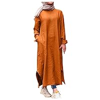Jalabiya for Women Home Full Sleeve Maxi Winter Tank Lady Stylish Comfort V Neck Cotton Loose Plain Button-Down Tunic Dress for Women Yellow
