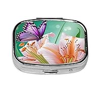 Lilies and Butterfly Print Pill Box Square 3 Compartment Pill Case Portable Travel Pill Organizer Mini Medicine Storage Box for Pocket Purse Metal Decorative Pill Holder for Daily Medicine