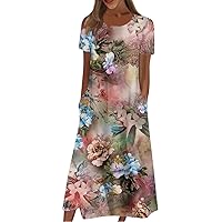 Classic Below The Knee Short Sleeve Dress Lady Autumn Wedding Printing with Pockets Tunic Dress Woman Lightweight Red L