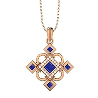 Charming 925 Sterling Silver Statement Pendant Necklace 4MM Square lapis and accent white cubic zirconia