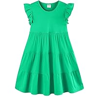 Bumeex Girl's Summer Dresses Cotton Ruffle Sleeve Tiered Swing A-Line Cute Midi Casual Sundress with Pockets