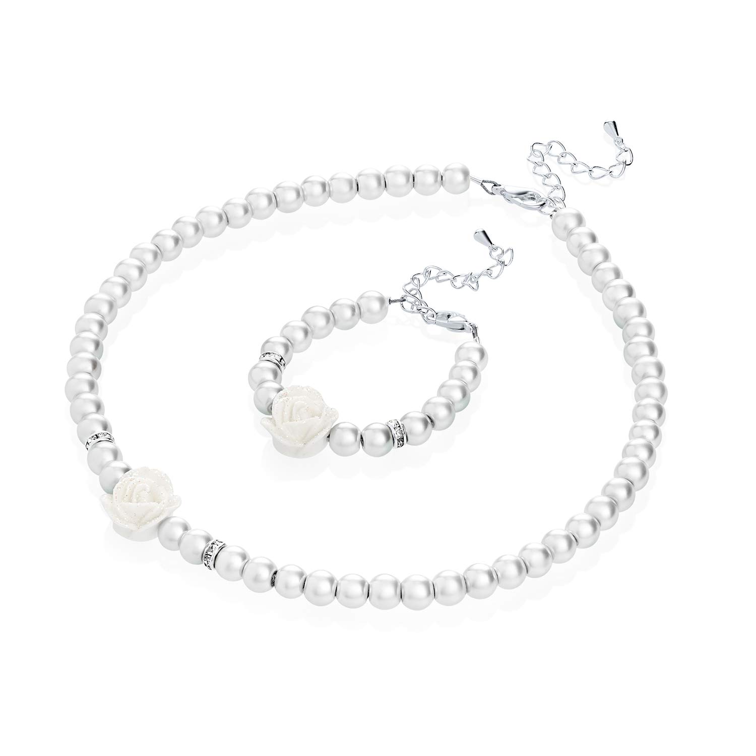 Crystal Dream Flower Girl White Simulated Pearls Flower Necklace with Bracelet Toddler Gift Set (GSTNB2-W)