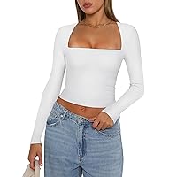 REORIA Women's Sexy Square Neck Long Sleeve Y2K Going Out T Shirt Crop Top