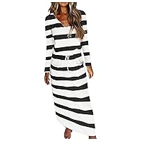 Short Summer Dresses for Women 2024, Women Stripe Print Dress V-Neck Long Sleeve Loose Casual Pocket Dress Cas