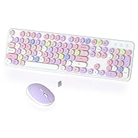 Wireless Computer Keyboard and Mouse Combo, COVEVA Colorful Typewriter Retro Keyboard with Round Keycaps, USB Keyboard and Mouse Set 2.4GHz Full-Size for Windows Mac PC Laptop（White-Colorful）