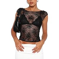 KTILG Womens Sheer Mesh Top Cap Sleeve Embroidery Blouse Sexy Boat Neck See Through Shirt Lace Tops S-XL