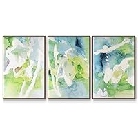 Renditions Gallery Abstract 3 Piece Wall Art Home Paintings & Prints Green White Color Transitions Watercolor Walnut Floater Frame Wall Hanging for Office Bedroom Kitchen - 24