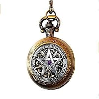 Wiccan Protection Pocket Watch Necklace, Pagan Pentagram Pocket Watch Necklace, Glass Dome Gift Women Men